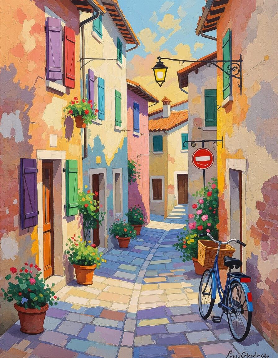 Italian Alleyway: Neo-Impressionist Watercolor Painting