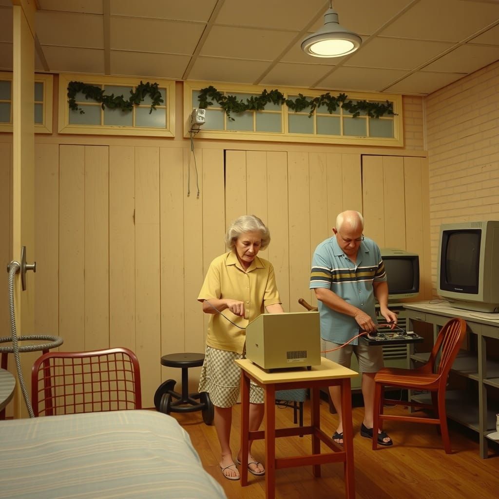 Elderly Couple Repairing Computer in 1950s Style