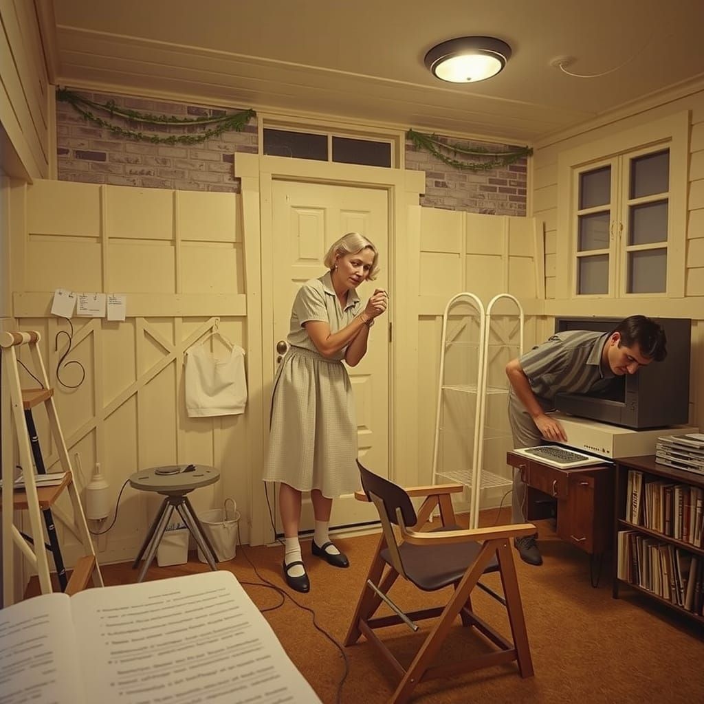 Centenarians Repairing Vintage Computer in 1950s Style