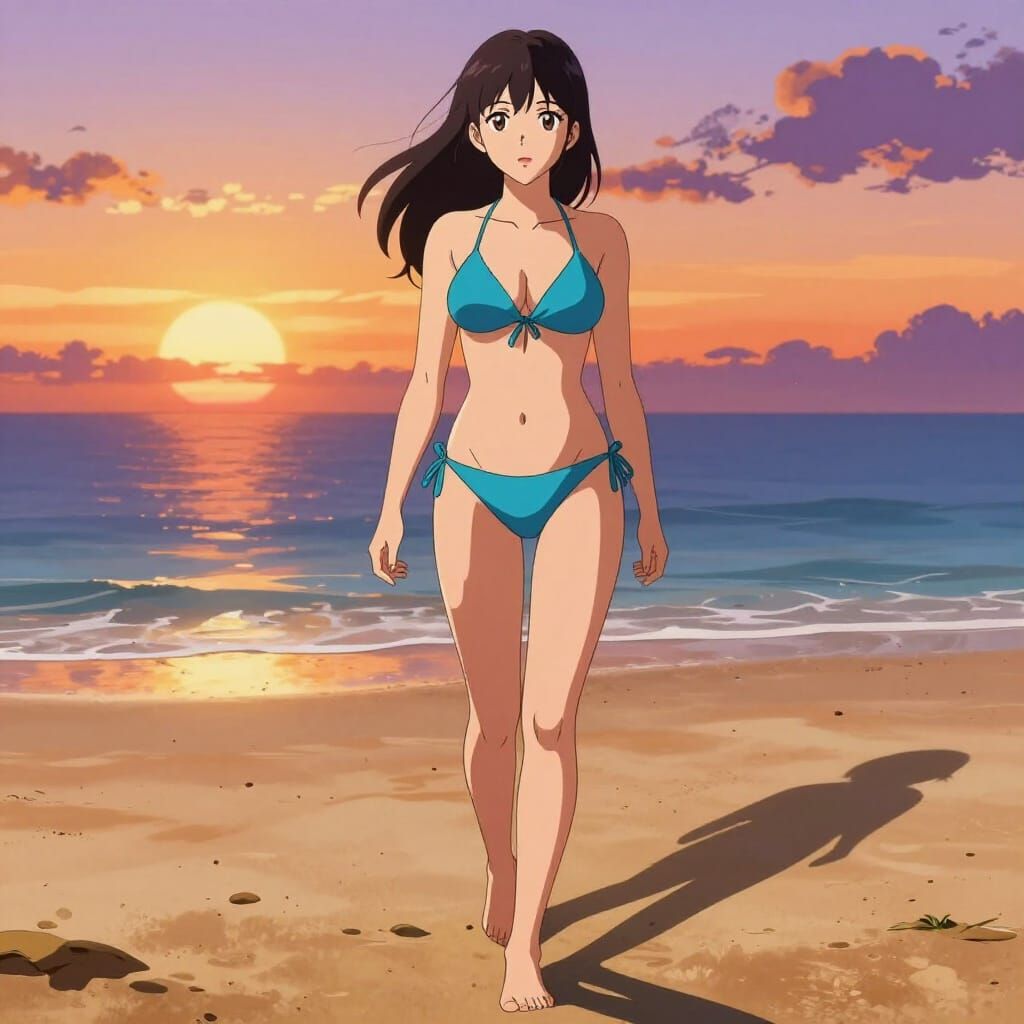 Woman in Blue Bikini on Beach at Sunset