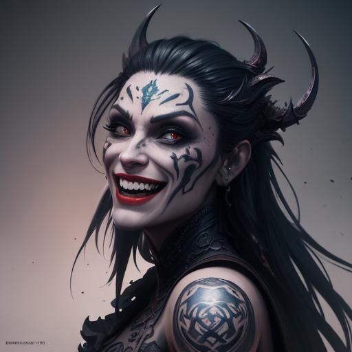 Evil Tattooed Girl Laughing: Detailed Matte Painting