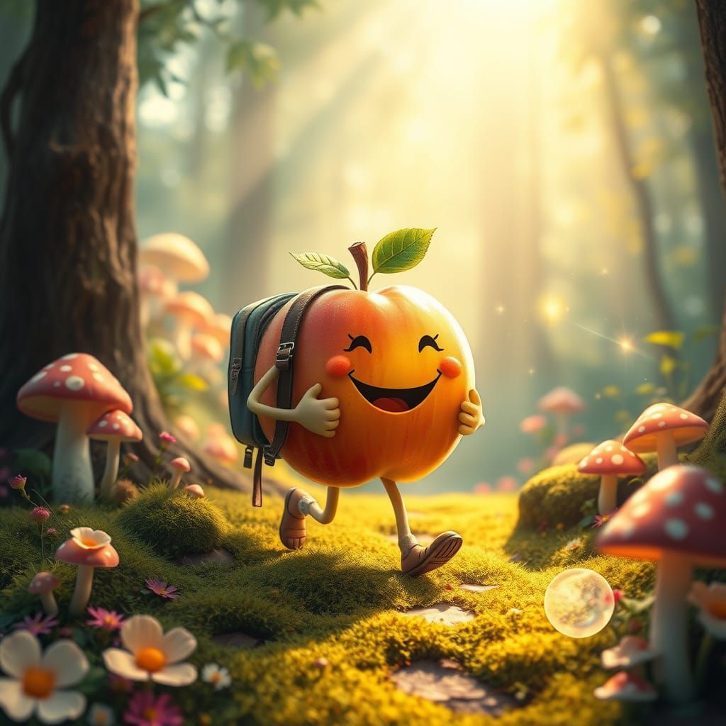 A Smiling Apple Embarks on a Whimsical Forest Adventure