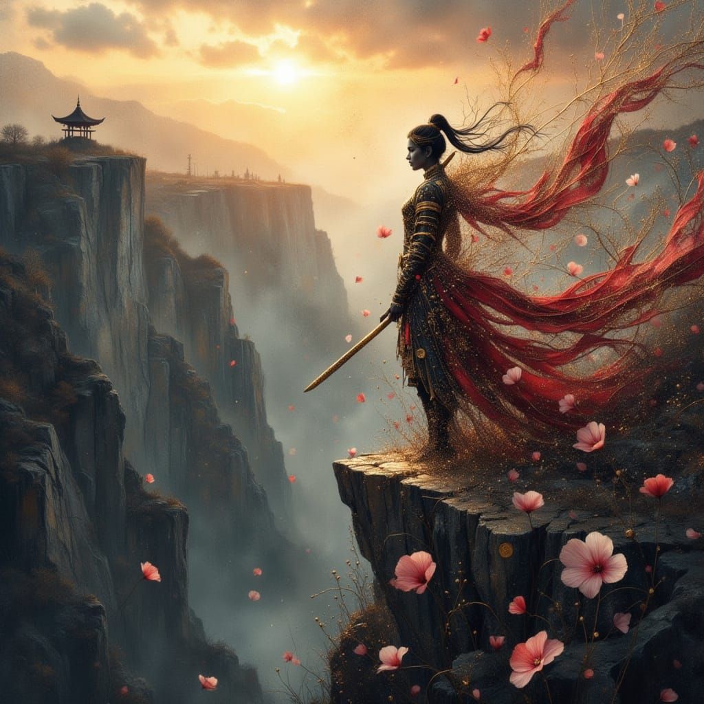 Samurai Dissolving into Wind on Cliff in Surreal Illustratio...