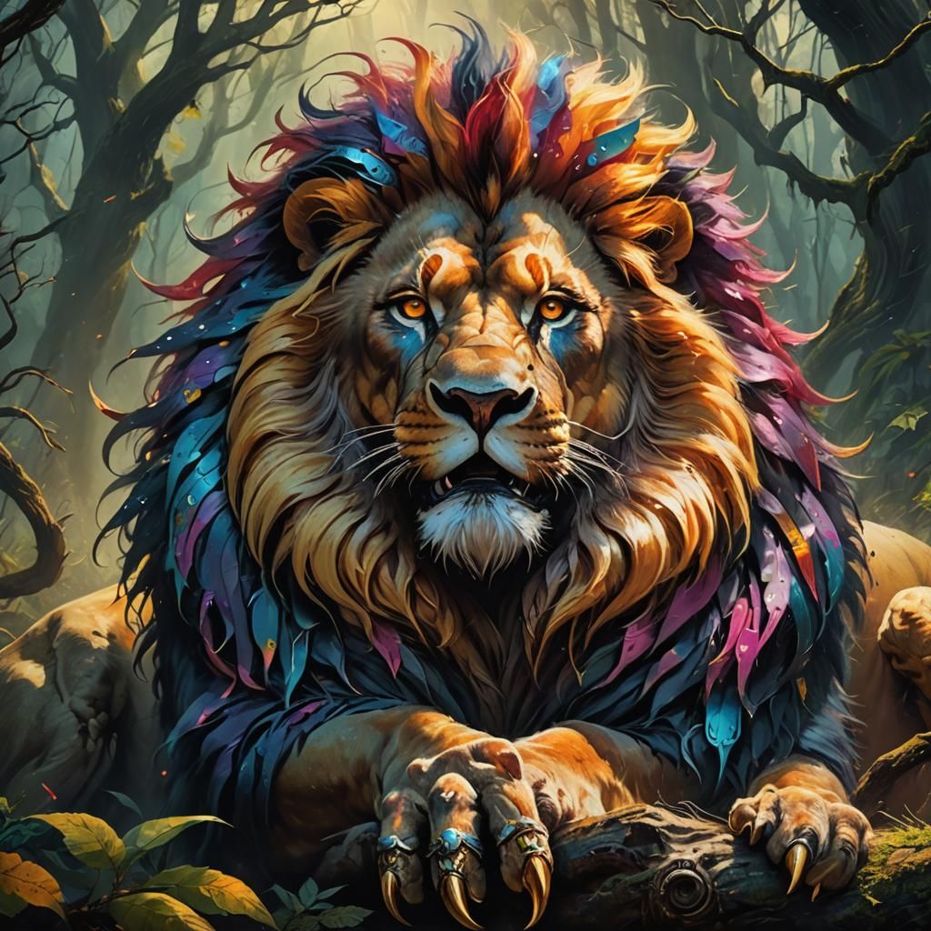 Colorful Lion with Twisted Nails in Forest