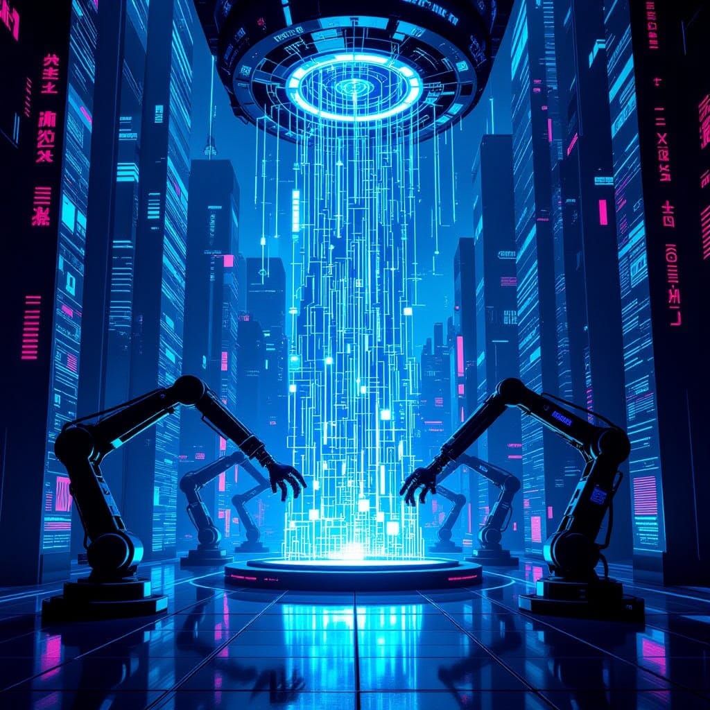 Dystopian Cyberpunk Cityscape: AI Controls Future Finance