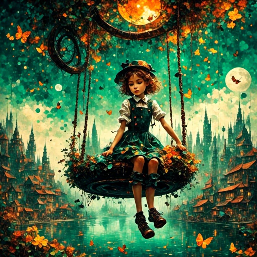 Girl on Tire Swing Over Pond