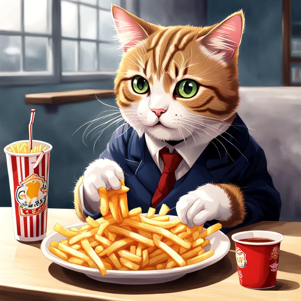 Cat eating french fries