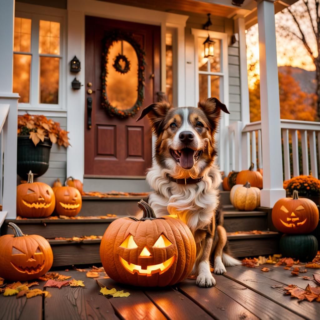 Cozy Cottagecore Dog Jack-o-Lantern in Autumn