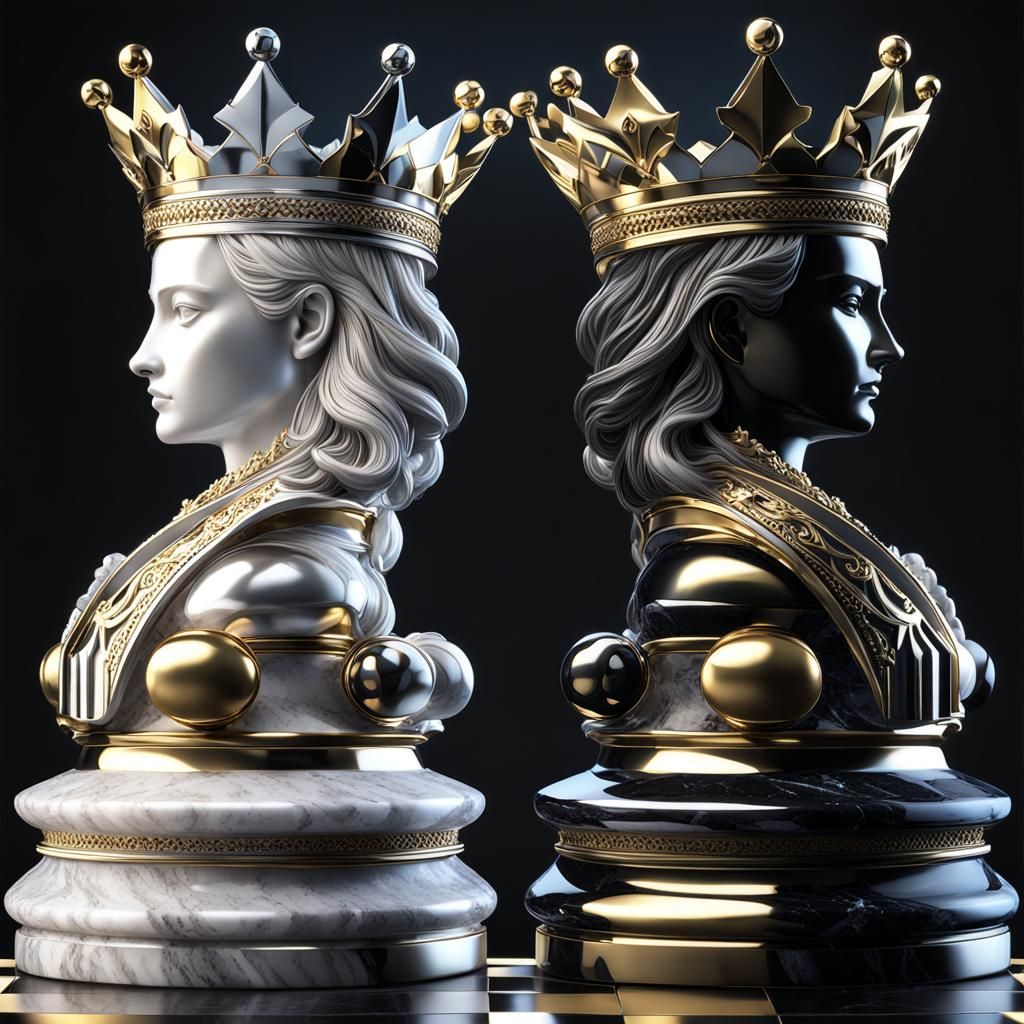 Silver and Gold Chess Queens in Sci-Fi Style