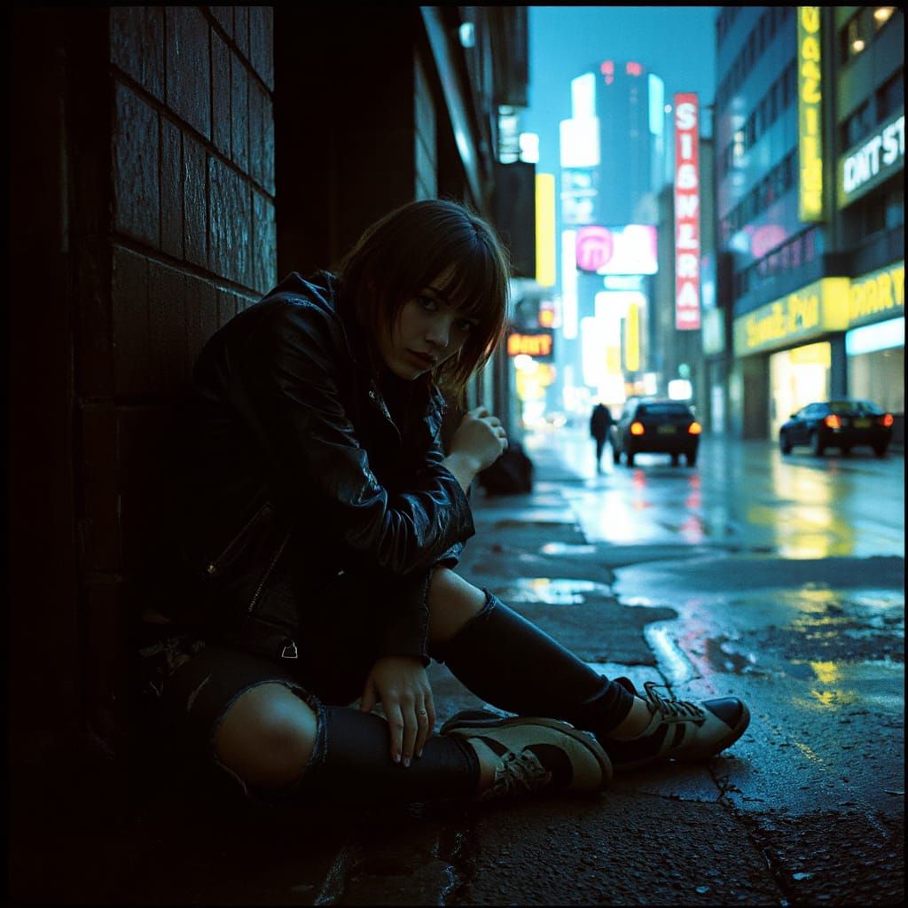 Cyberpunk Rogue Hiding in Rainy City Alley