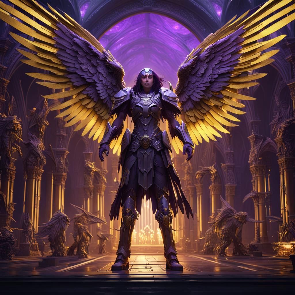 Sci-Fi Dark Angel with Metal Wings in Battle