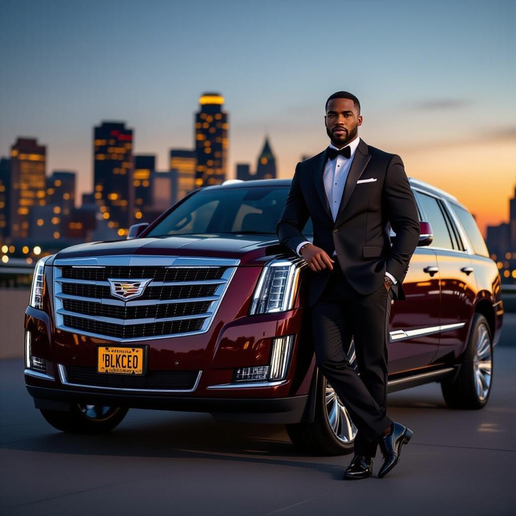 Sharp Suited Black Man Posing With Burgundy Cadillac