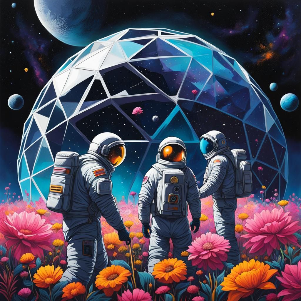 Astronauts Gardening on the Moon in Graffiti Style