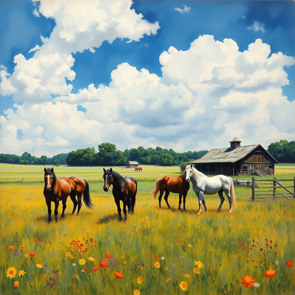 Epic Impressionist Farm Scene with Horses in a Vibrant Meado...