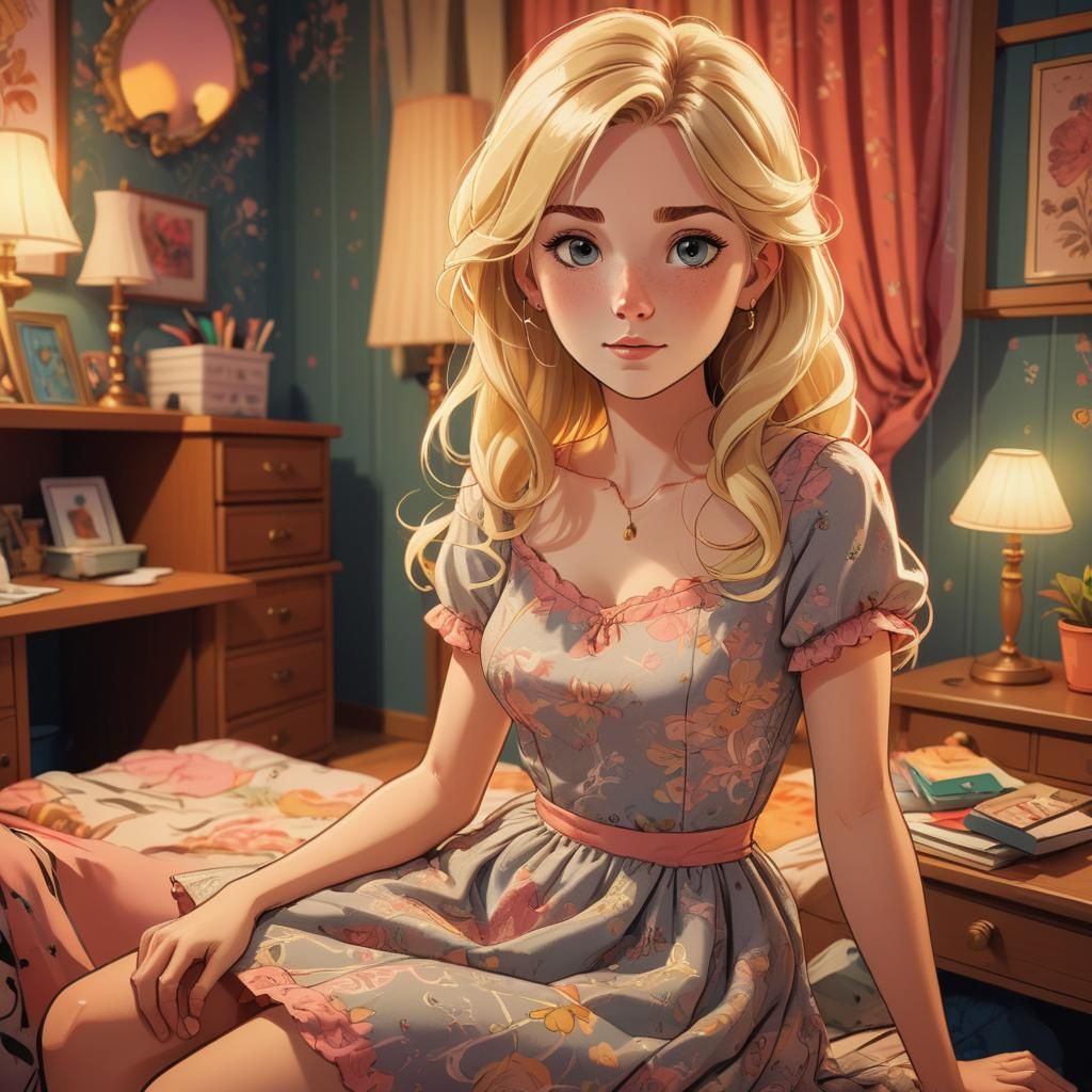 Anime-Style Woman in Room with Vibrant Colors