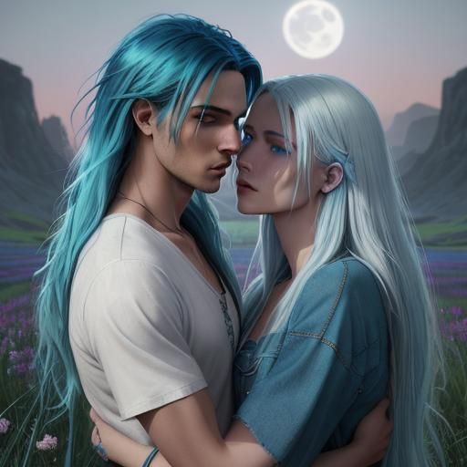 Couple Kissing in Moonlit Field, Detailed Matte Painting