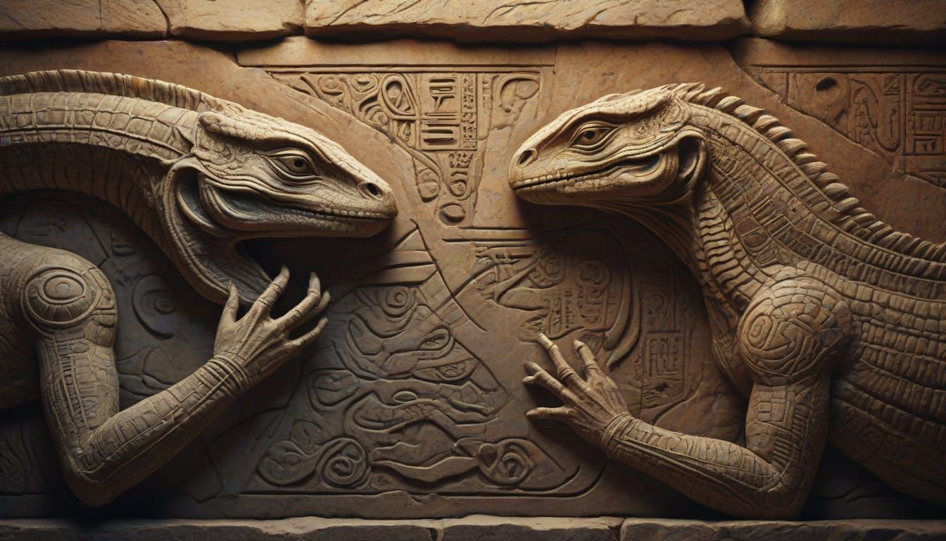 Ancient Reptilian Alien Carvings on Stone Wall