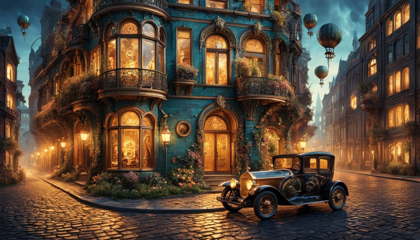 Steampunk Cityscape with Retro-Futuristic Car