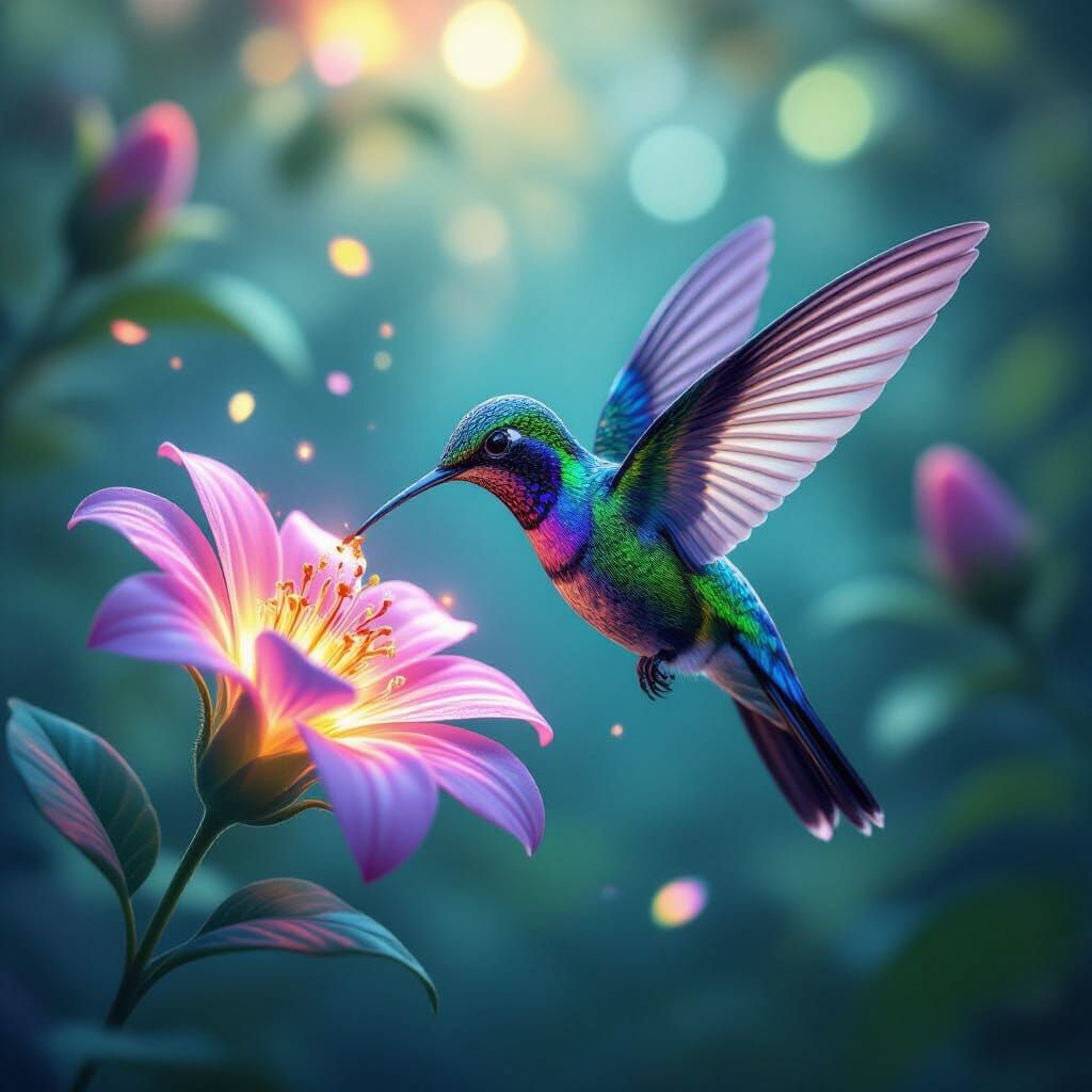 Hummingbird Sipping Nectar in Ethereal Bioluminescent Grove