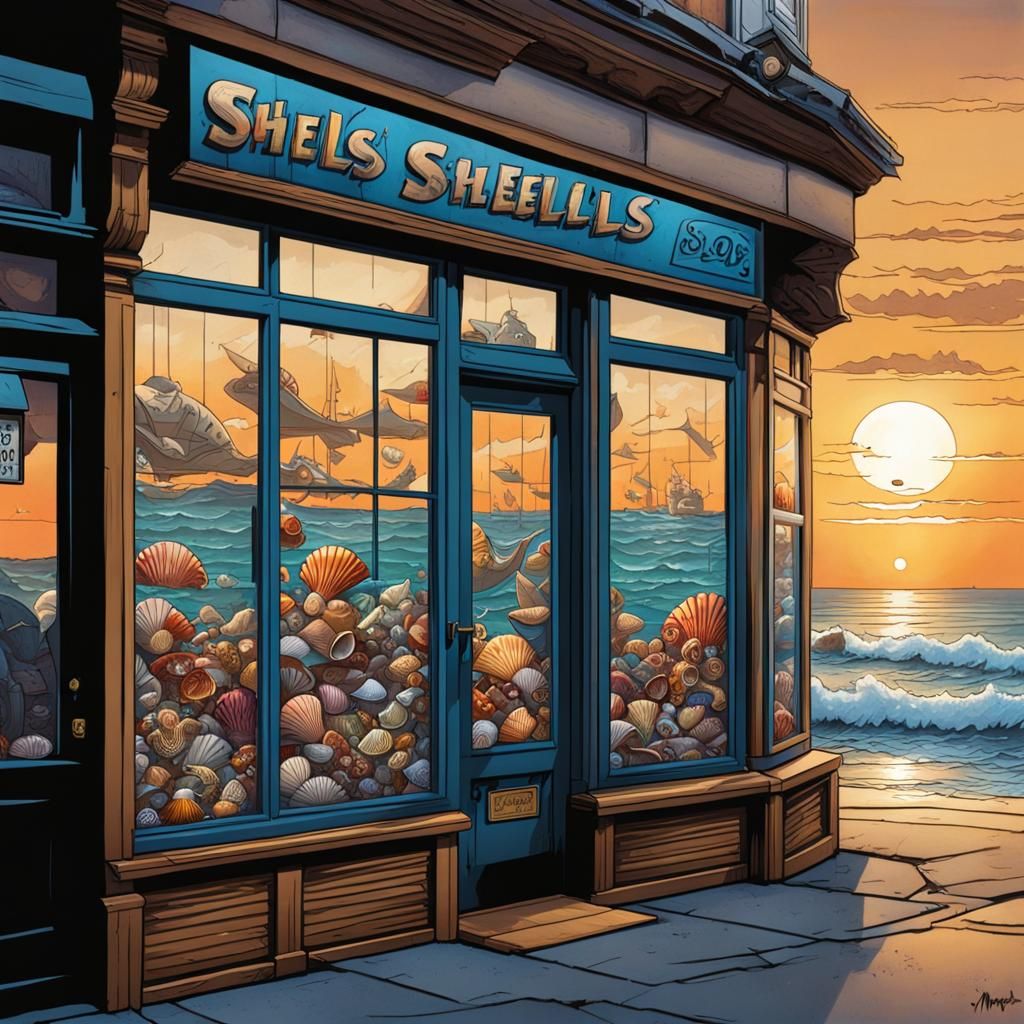 Seashell Toy Shop at Sunset in Comic Book Style