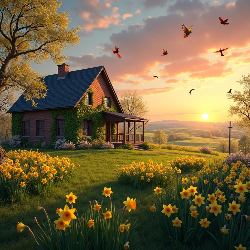 Idyllic Sunrise at Brick Farmhouse with Spring Flowers