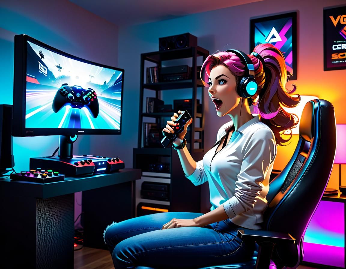 Excited Housewife Playing Video Games in Sci-Fi Room