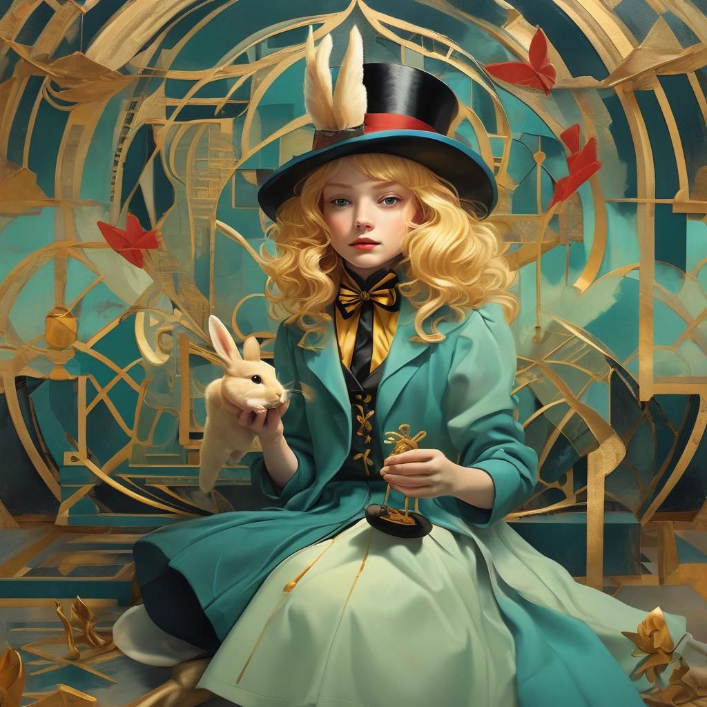 Magician and Girl with Rabbit in Art Deco Style