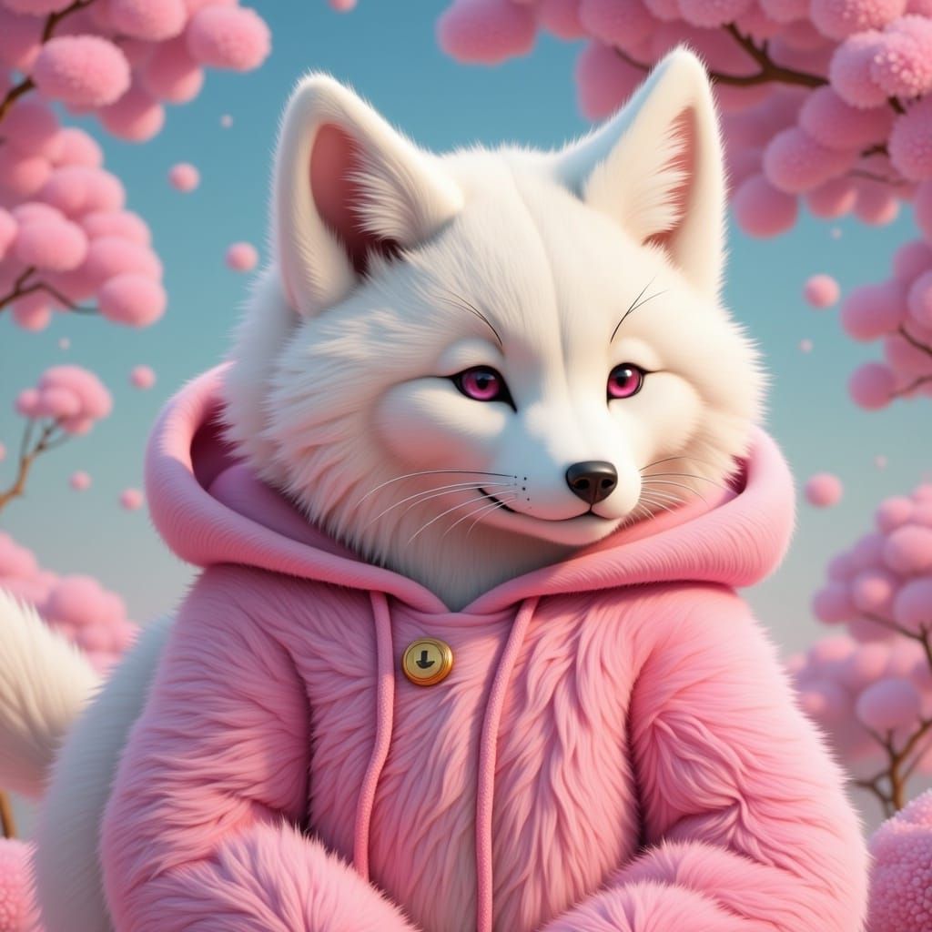 Anthropomorphic Kitty in Pink Hoodie, Animated Style