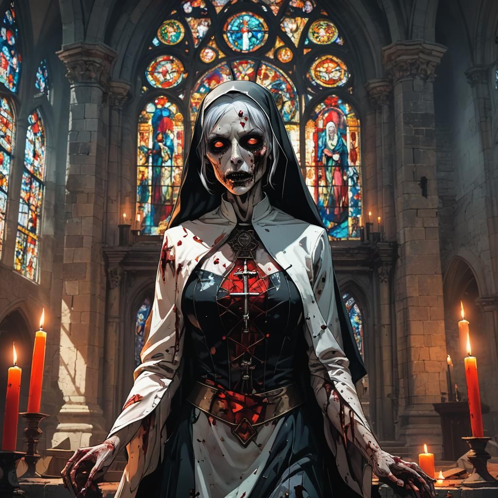 Zombie Nun in Ruined Church: Dark Anime Art