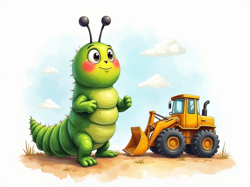 Excited Caterpillar Near Bulldozer in Watercolor