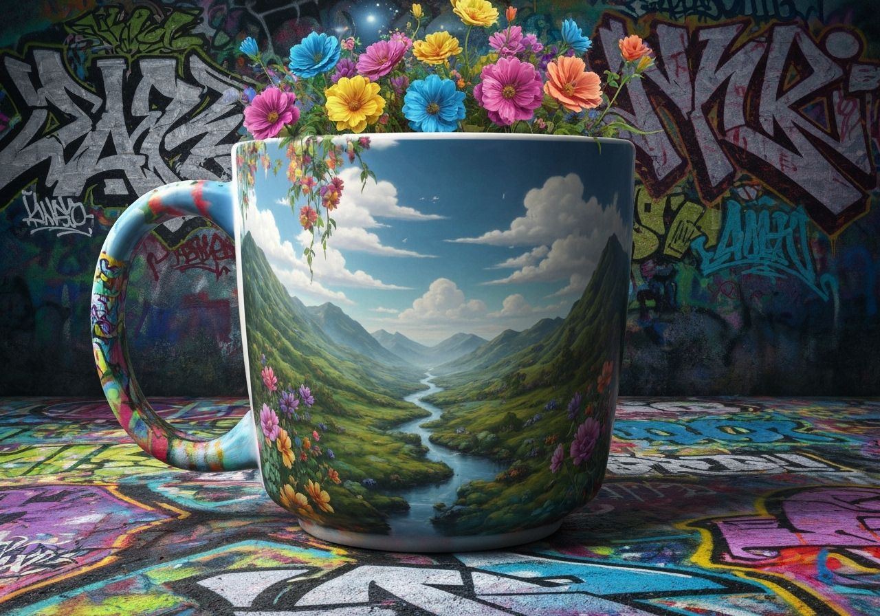 Surreal Graffiti Coffee Mug with Fantastical Landscape