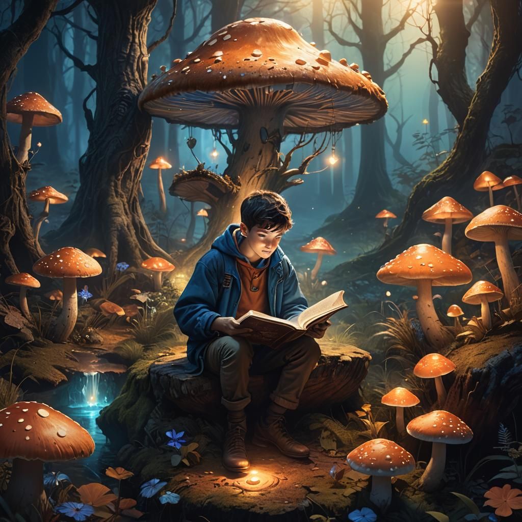 Enchanted Forest Boy Reading Glowing Book