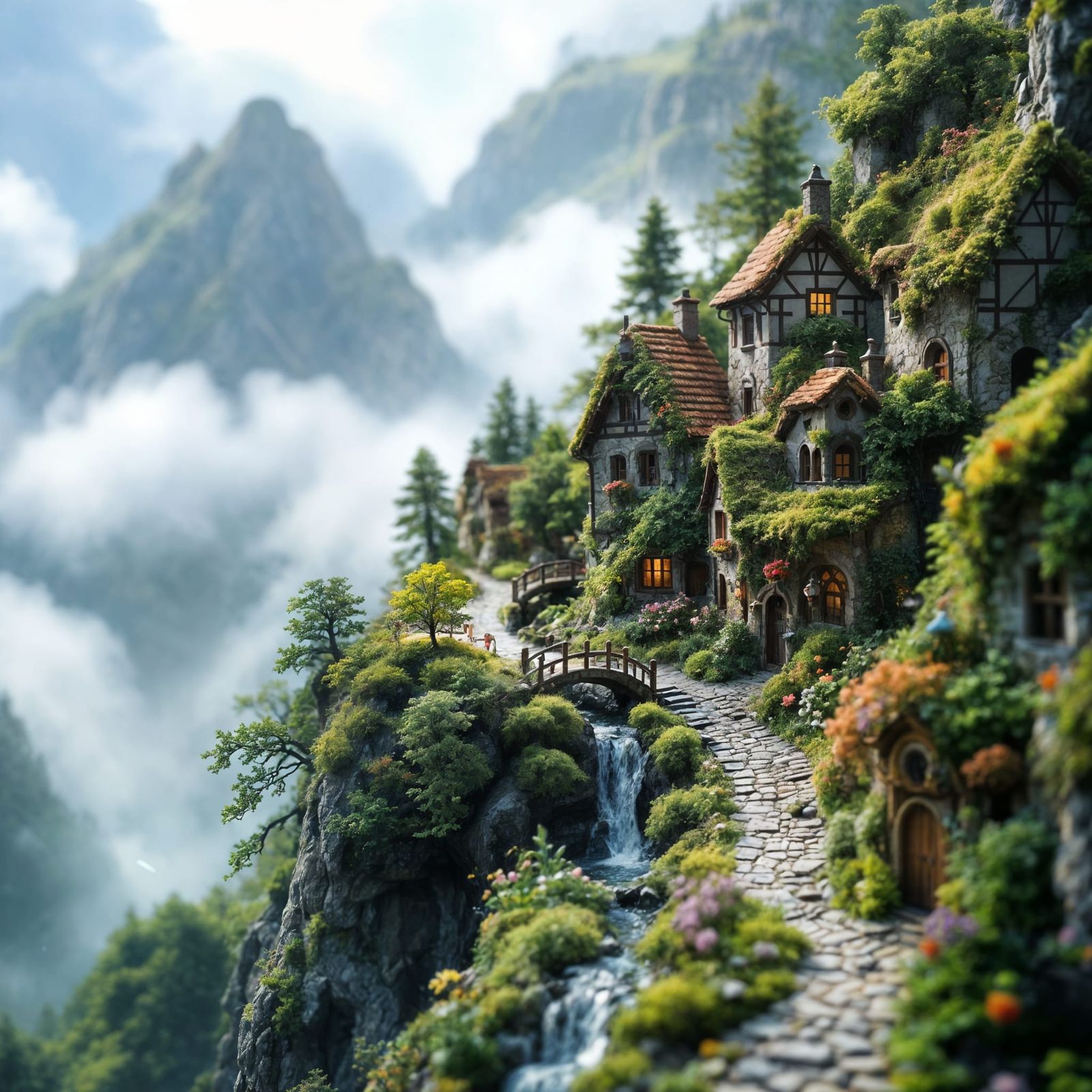 Whimsical Fantasy Village Perched on a Mountain