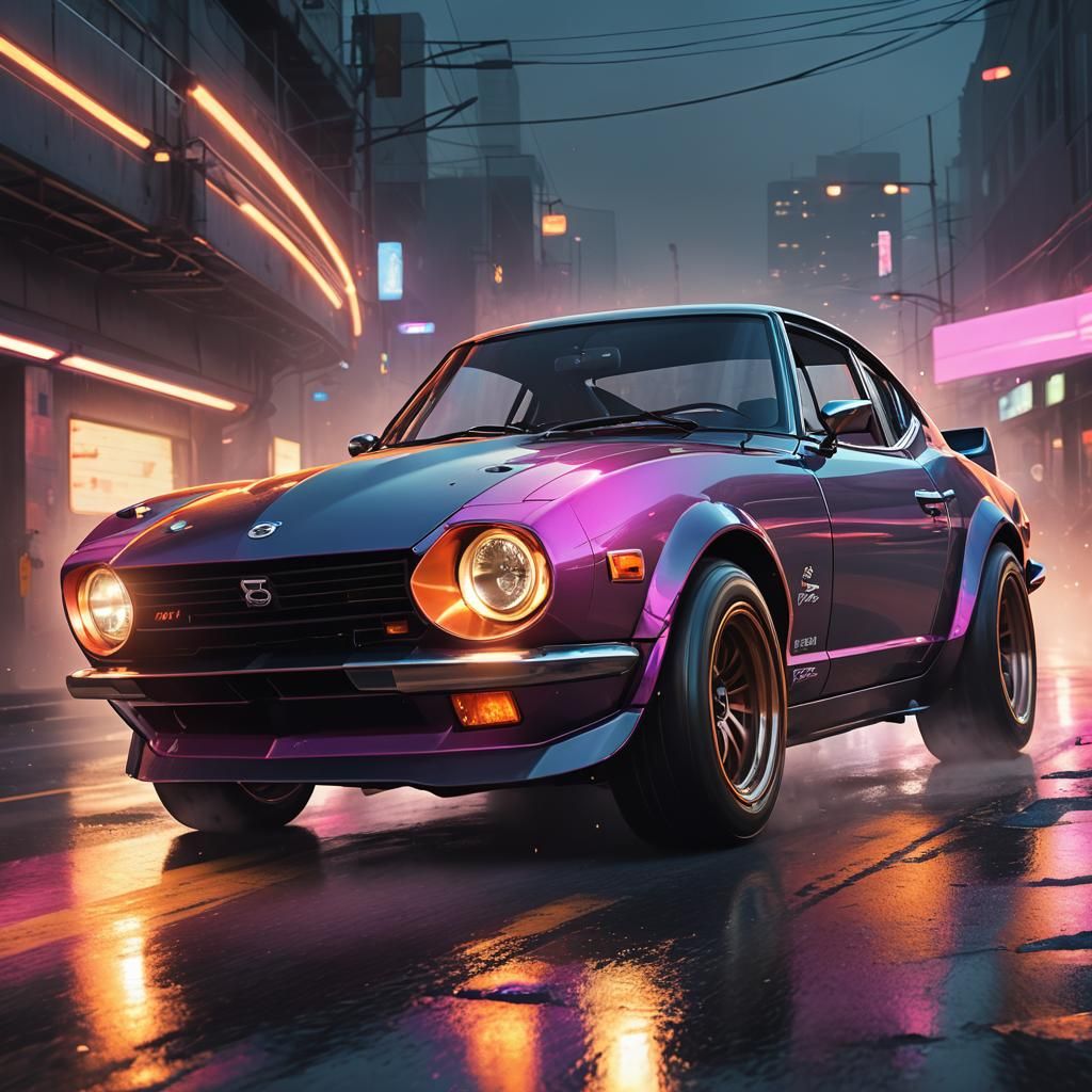 Futuristic Datsun 240Z Concept Art in Cyberpunk Style