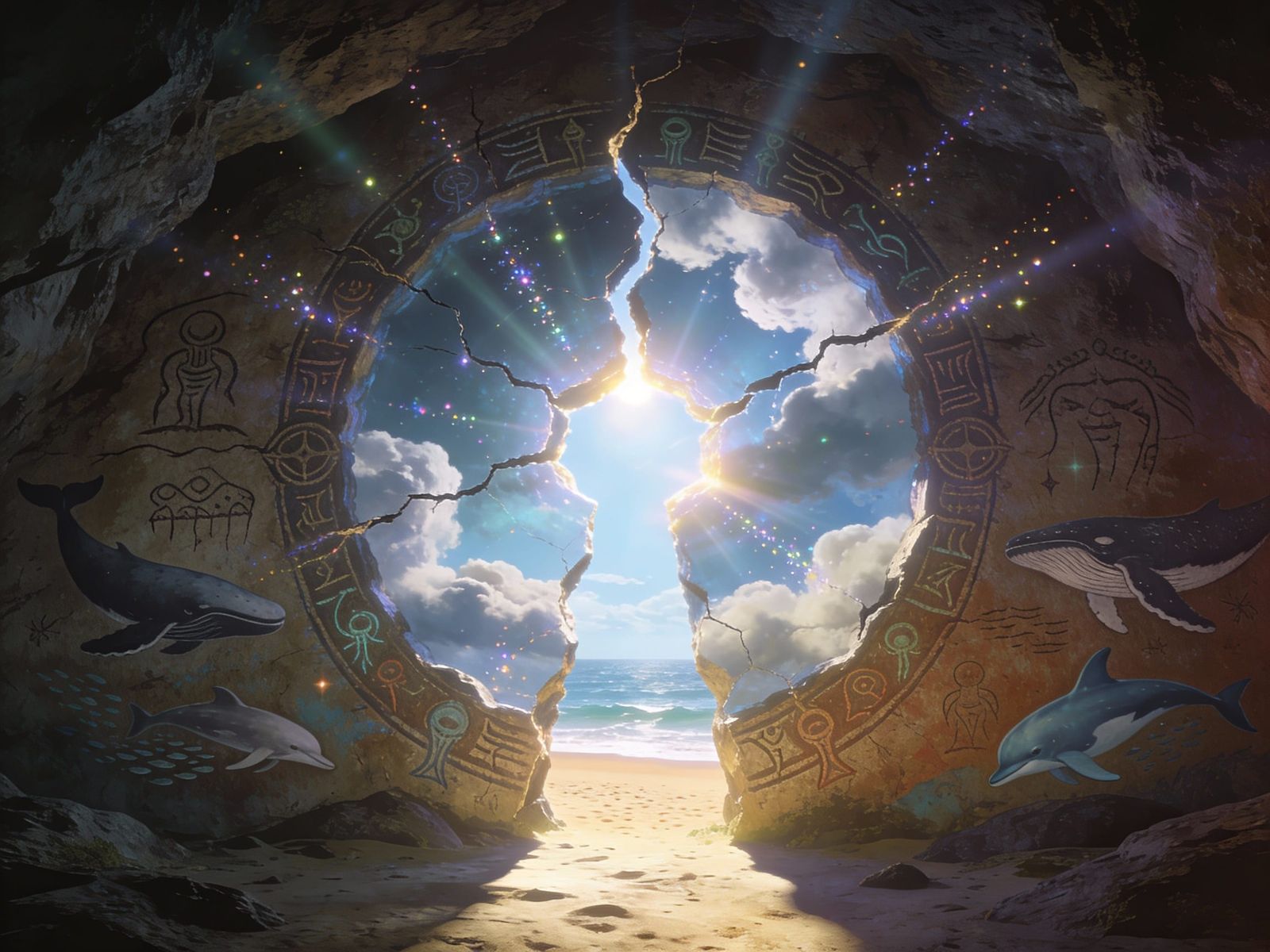 Ancient Cave Portal Glowing with Sunlight