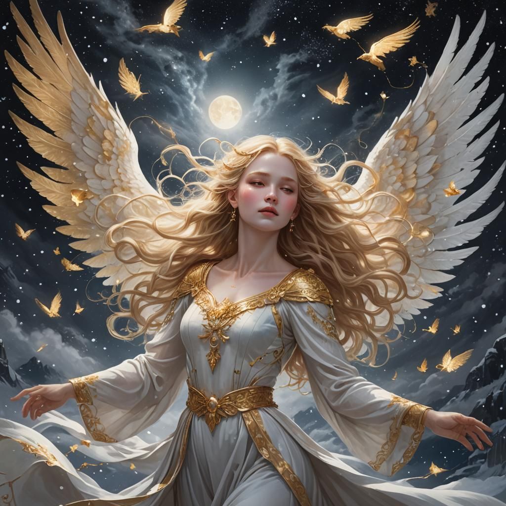Demigoddess with White Wings in the Night Sky