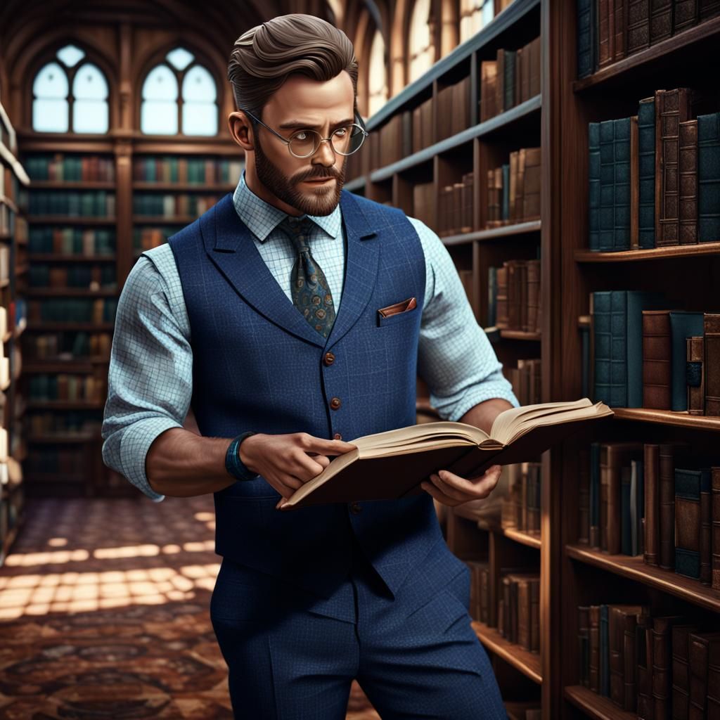 Man in Library with Book Stand: Detailed Matte Painting