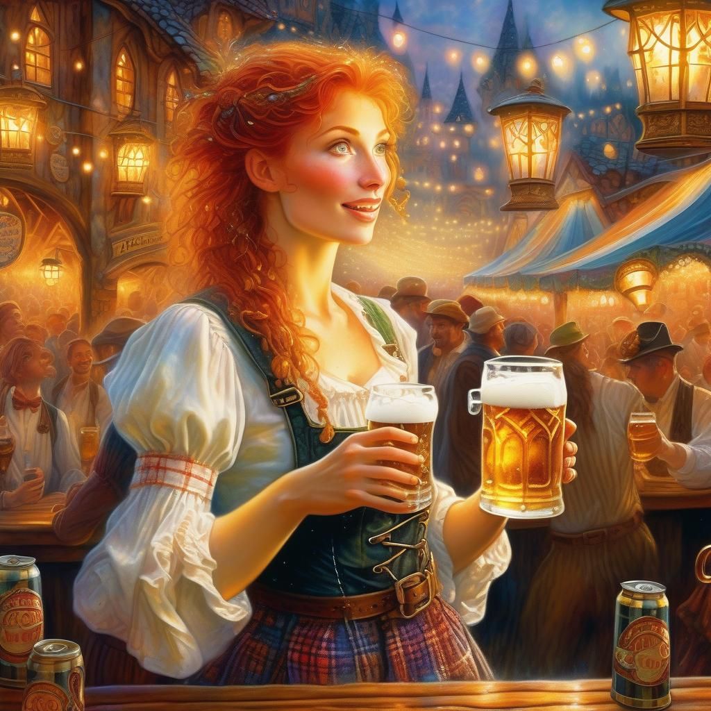 A large breasted beautiful woman is a bartender at Oktoberfe...