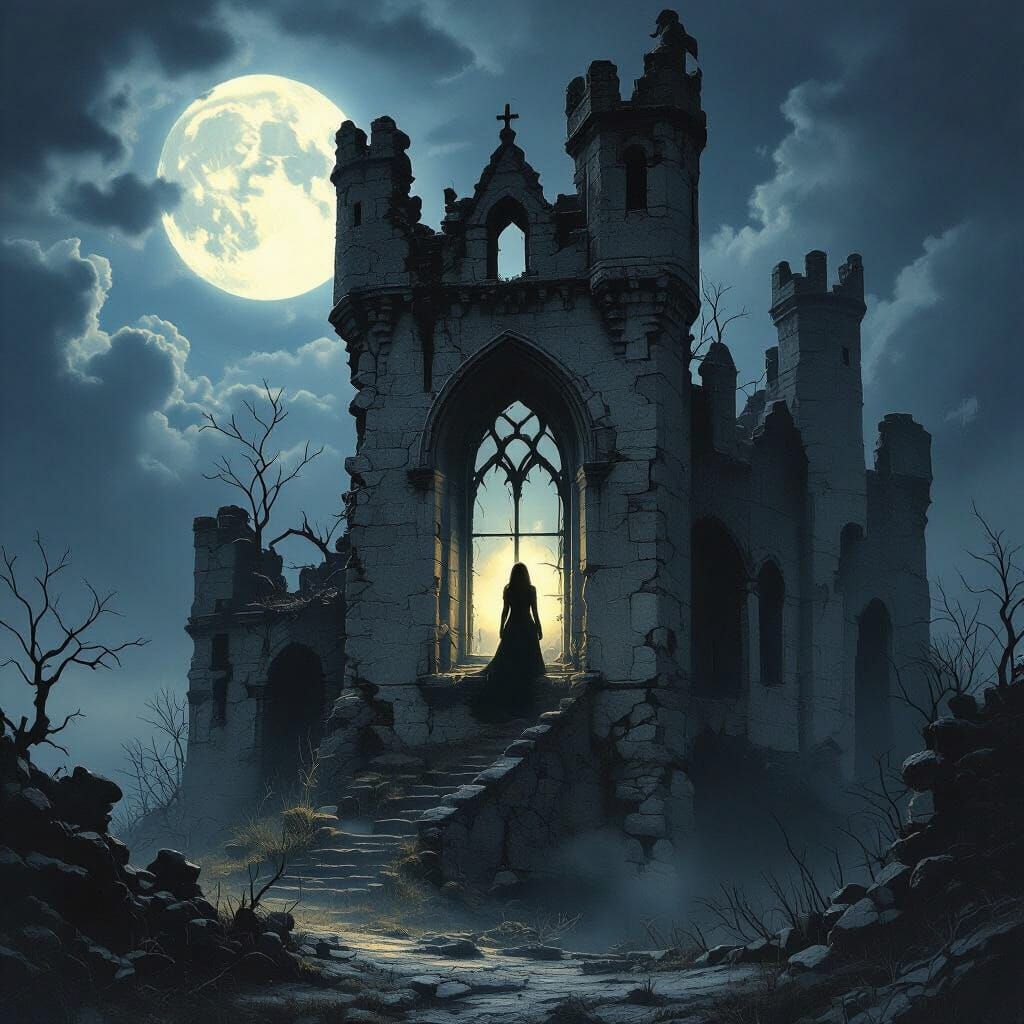 Terrifying Ruined Castle with Woman Silhouette in Moonlight