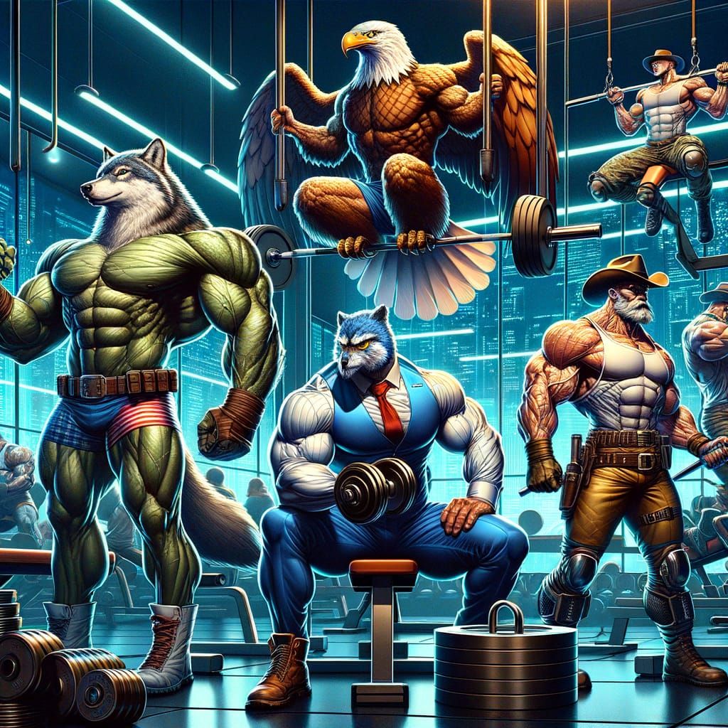 Epic Superhero Mascots Train in Futuristic Gym
