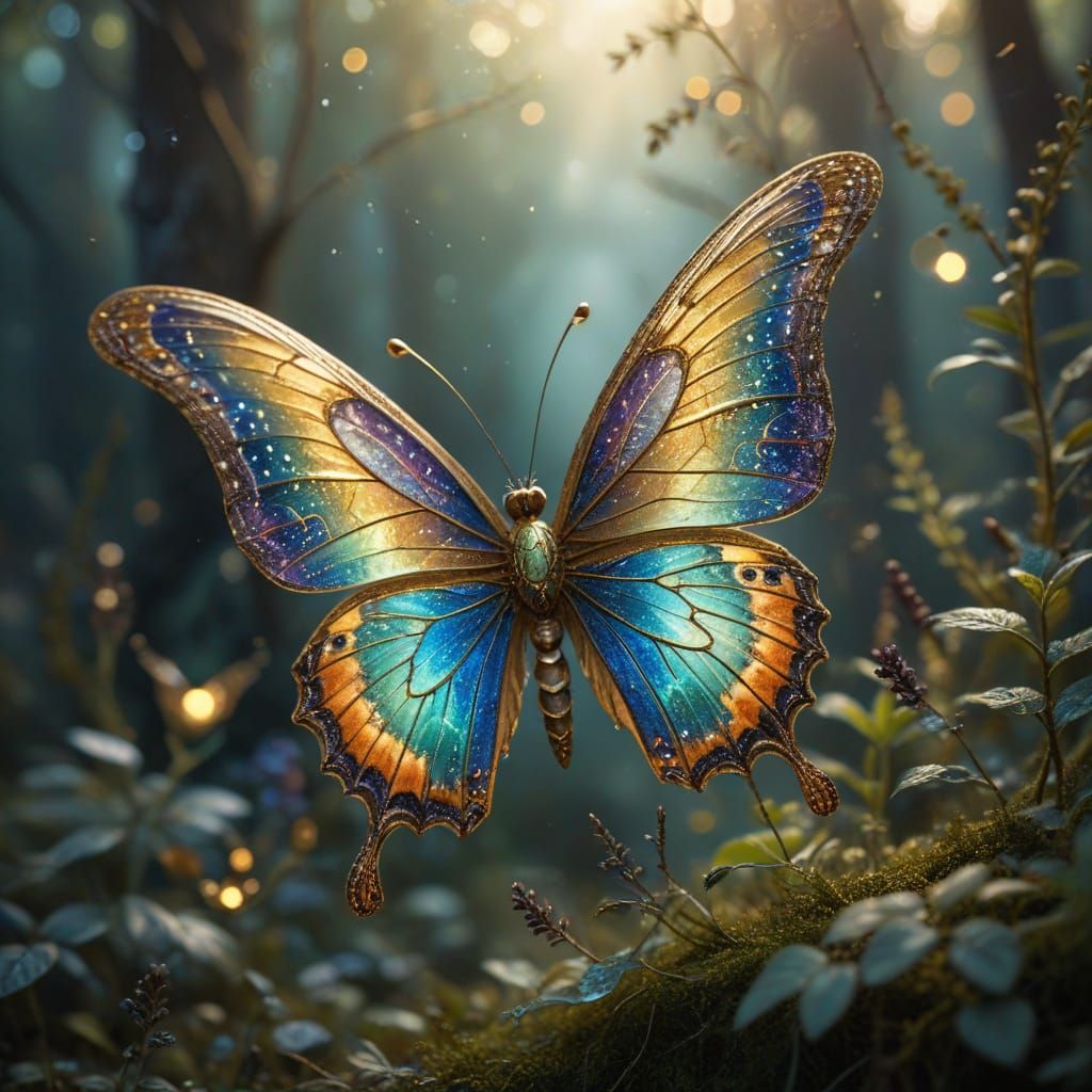 A hyperdetailed, iridescent butterfly with intricately desig...