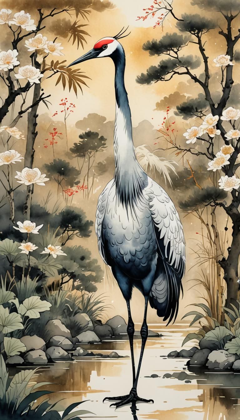 Elegant Oriental Crane in Sumi-e Style