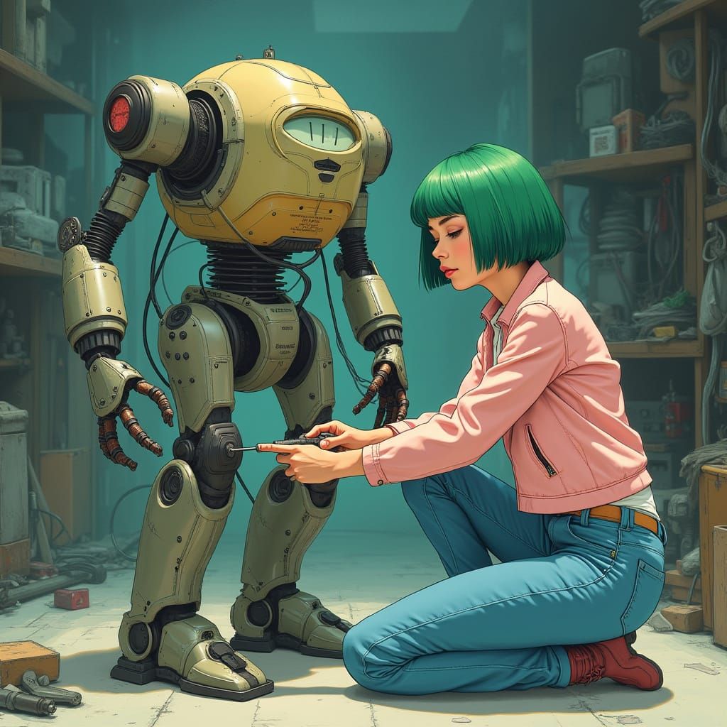 80s anime , green hair girl