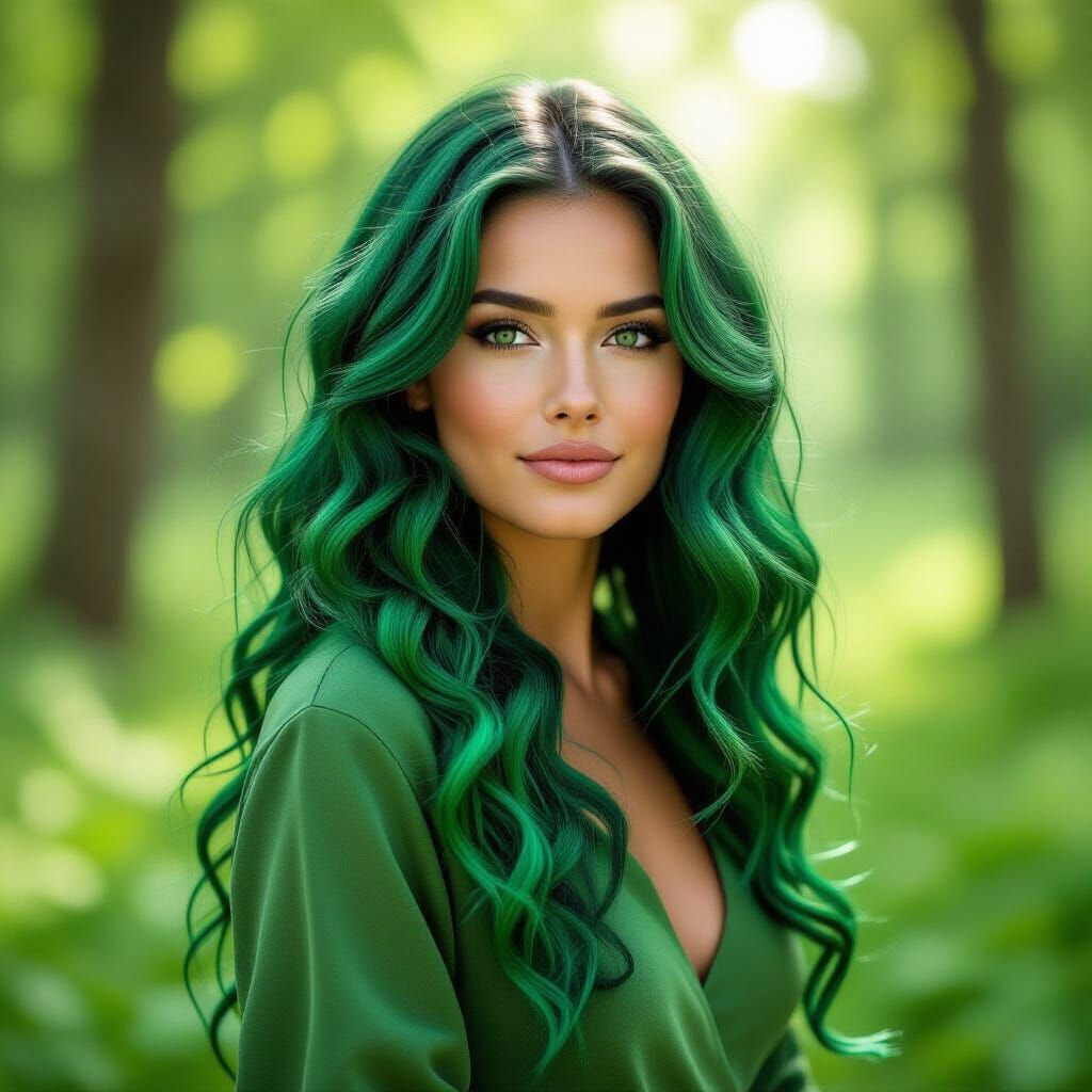 Woman in Green Forest, Monochromatic Green Theme