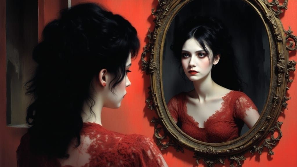 Mysterious Woman and Mirror in Surreal 3D Style