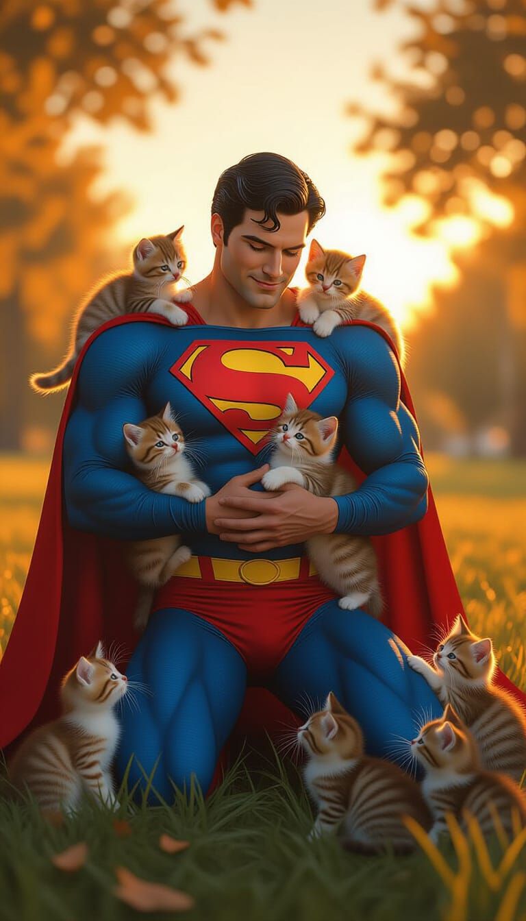 Superman with Kittens in a Sunset Park
