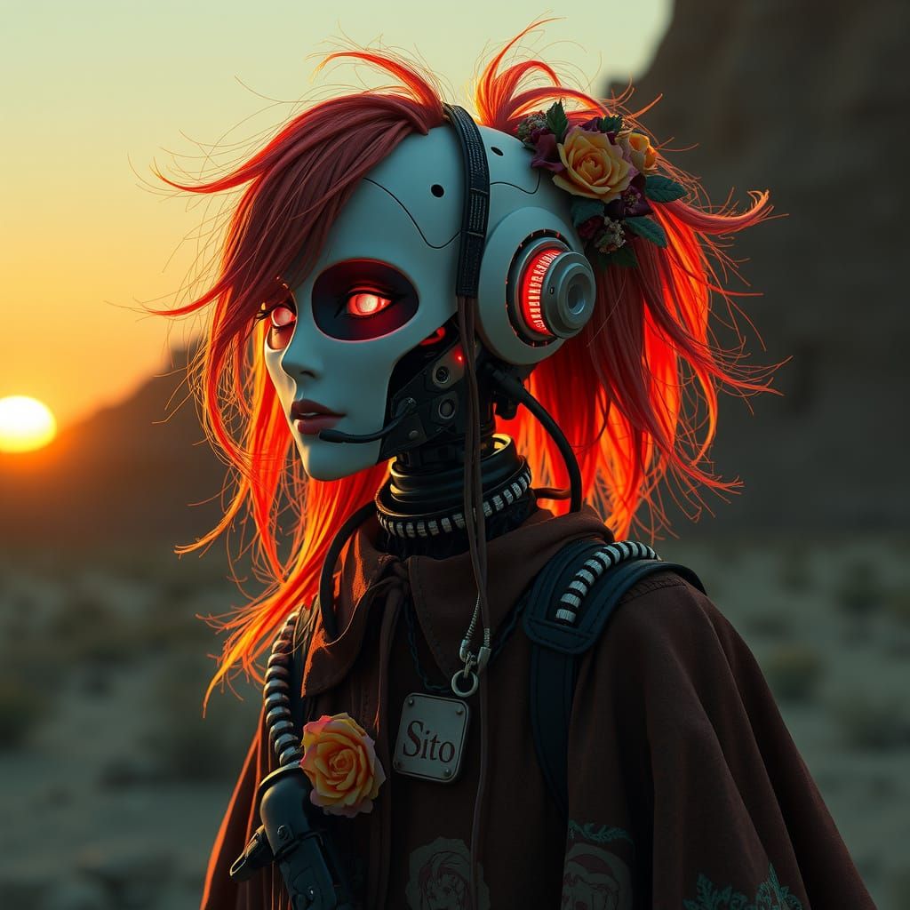 Futuristic Red-Haired Robot in Hyperrealistic Style