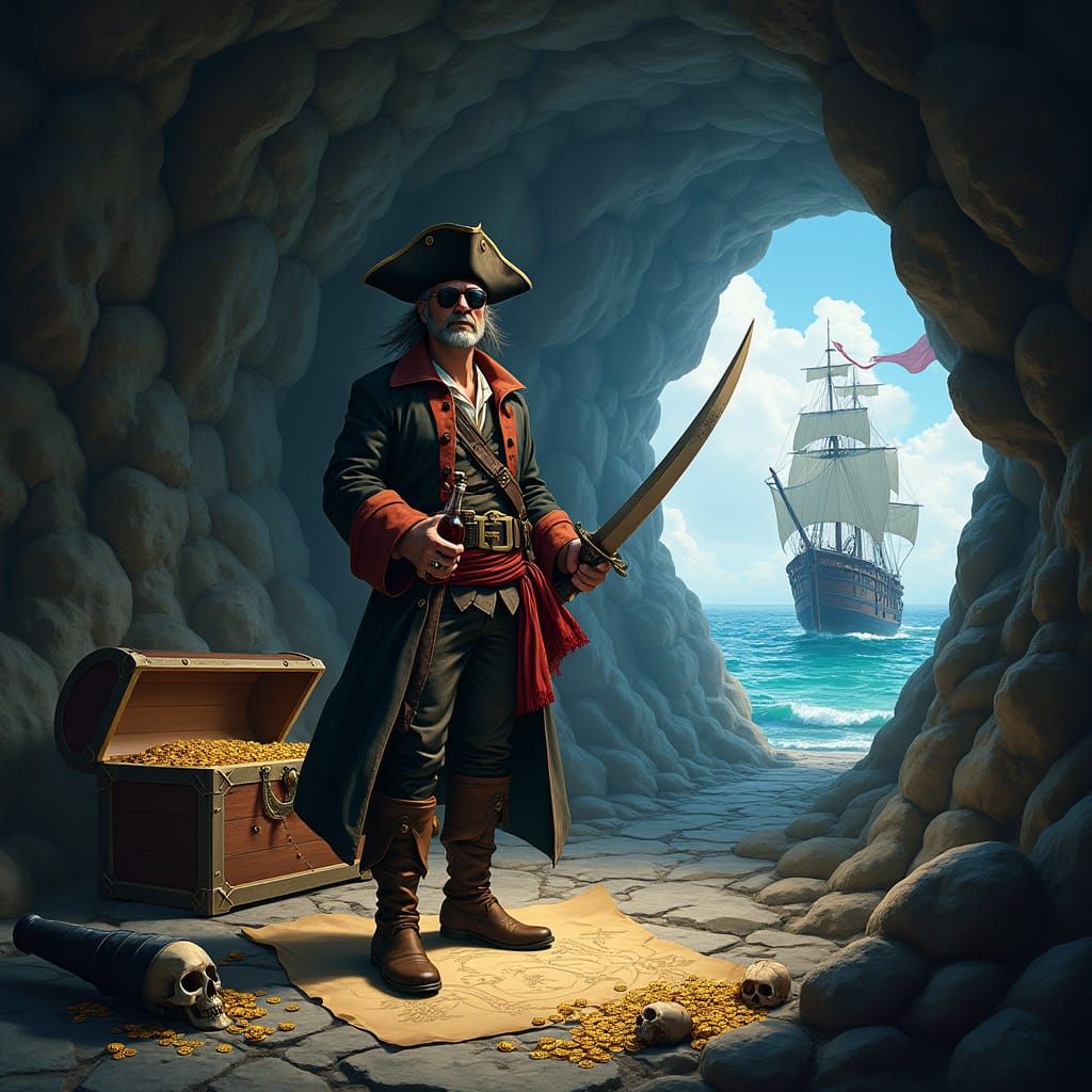 Pirate in Cave with Treasure and Jolly Roger