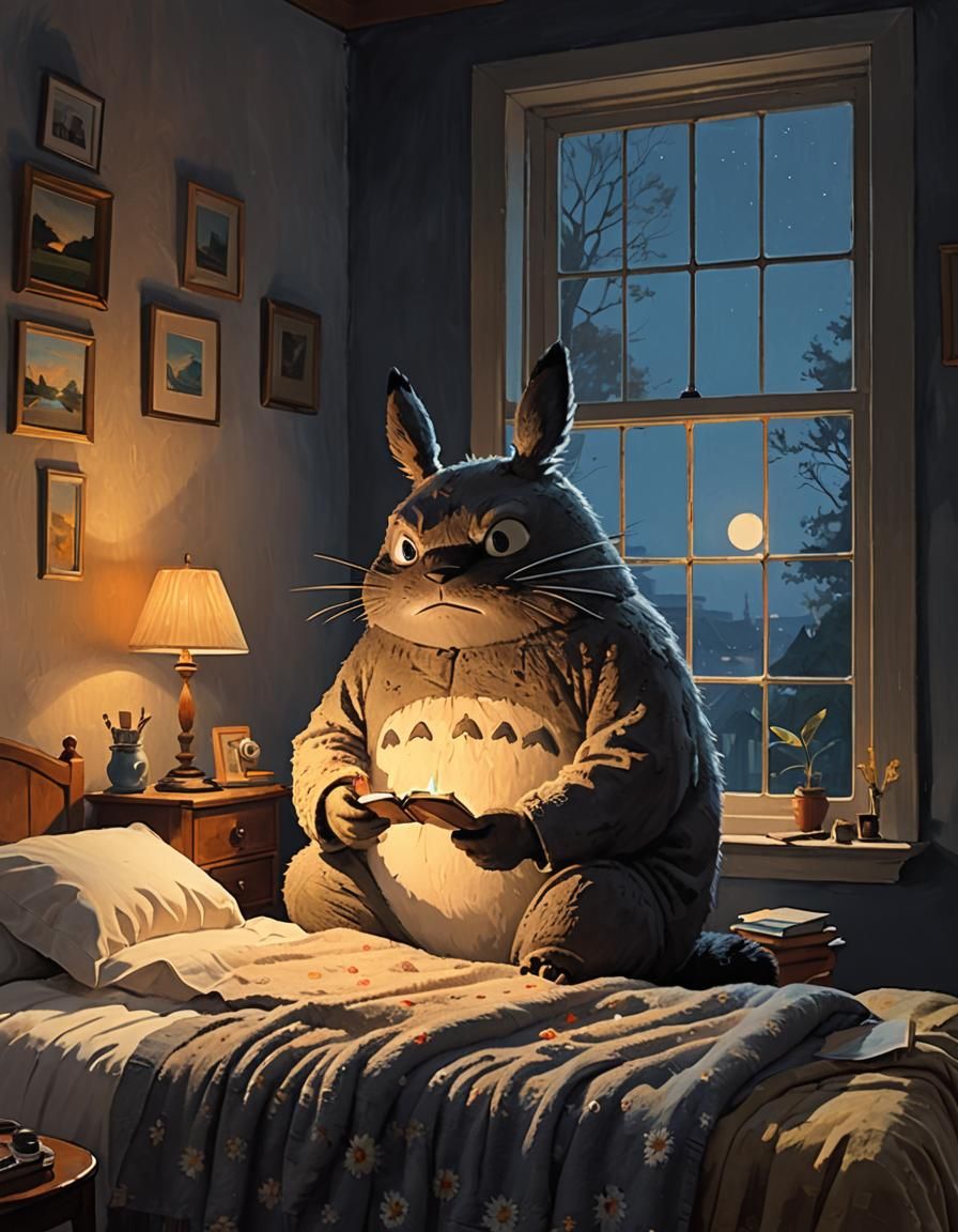 Totoro with Blanket in Bedroom as Palette Knife Art