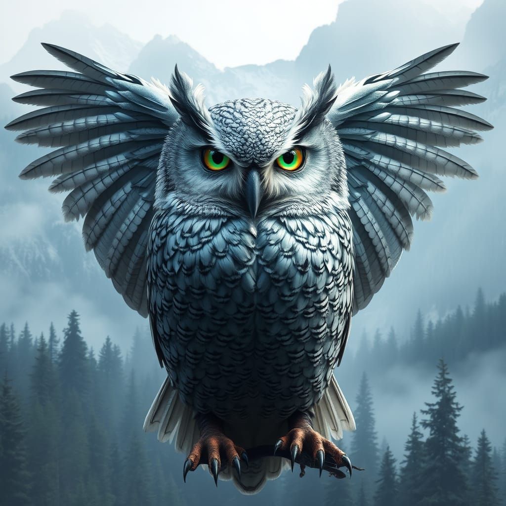 Metallic Owl in Alpine Forest, Dreamlike Digital Art
